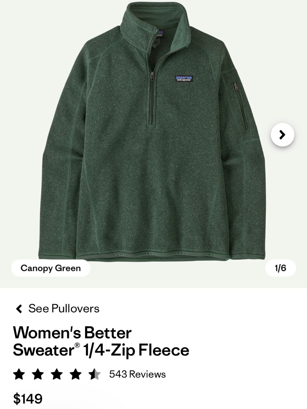 Patagonia Women’s Cowl/Turtleneck Pullover in Canopy Green. Large